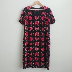 Louis Feraud black pink white floral butterfly dress size 16